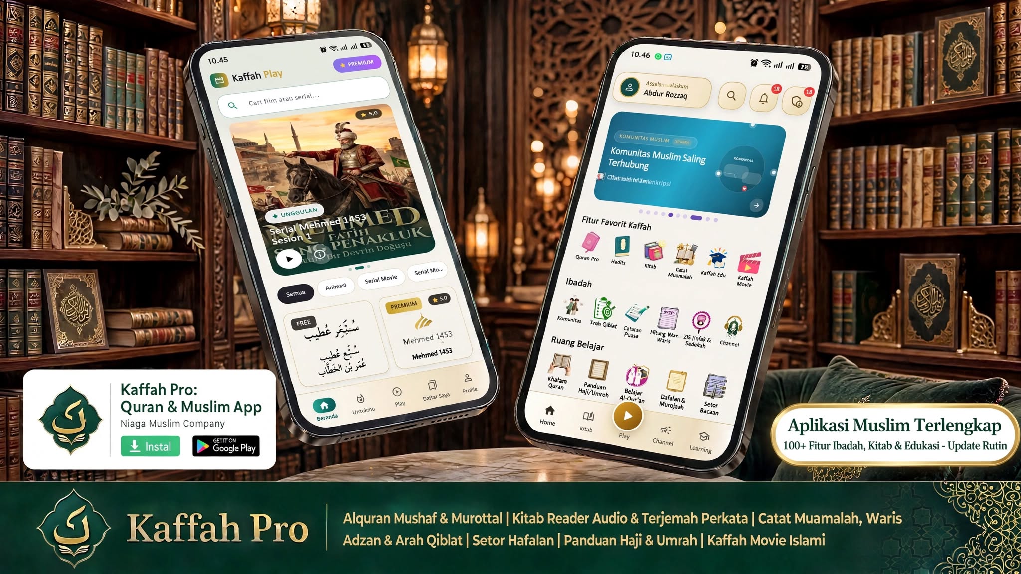 Pratinjau aplikasi Kaffah Pro: layar Kaffah Play dengan film islami, dan beranda fitur berisi Al-Qur'an, hadits, kitab, catatan muamalah, Kaffah Edu, serta Kaffah Play.